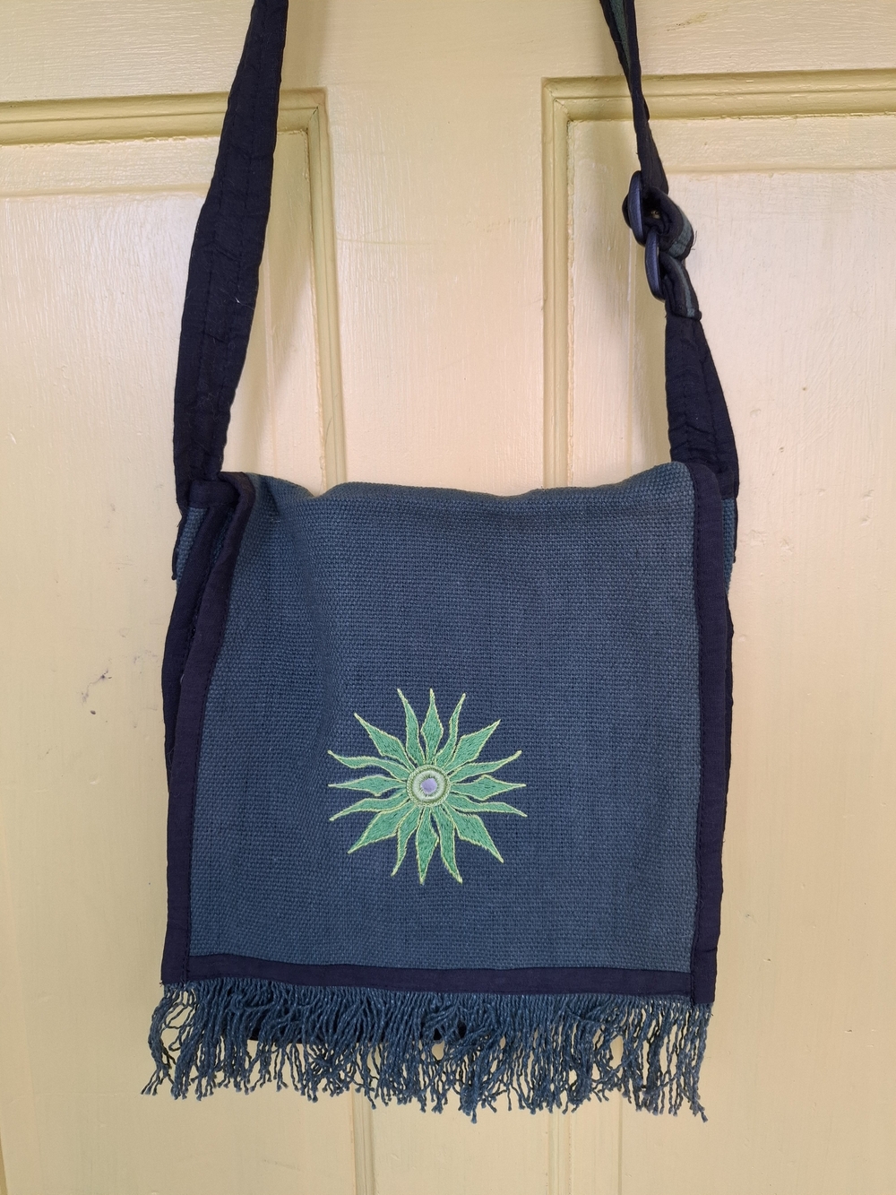 Dark Green Embroidered Fringe Crossbody Bag